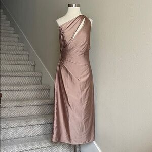 NWOT BHLDN Carly Cushnie Sz US 10/EU 42 Elegant One-Shoulder Dress in Tan